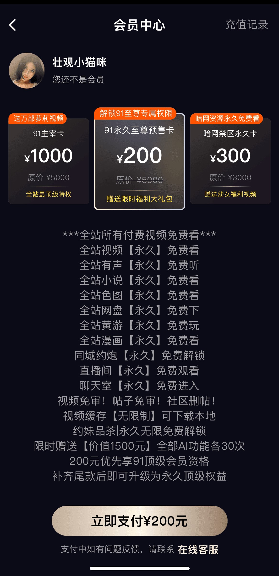 91PO传媒会员中心多档位VIP开通权益对比界面